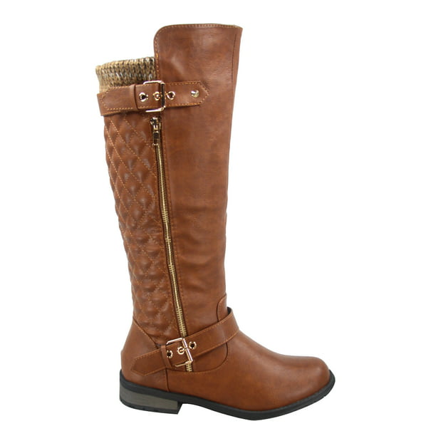 Womens Fringed Round Toe Chunky Low Heel Zip Up Under The Knee High Riding Boots with Zipper 